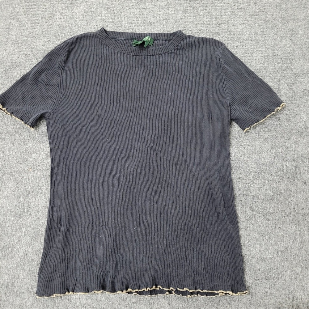 Lauren Ralph Lauren Shirt Womens Size L Black Silk Ribbed Lettuce Edge Trim Tee
